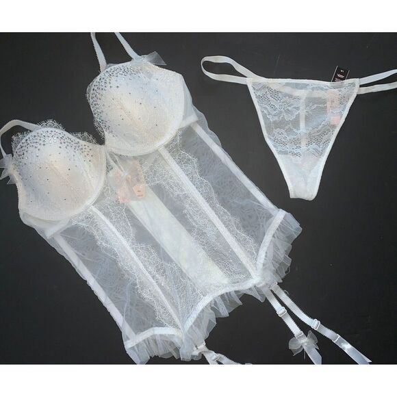victoria secret wedding garter belt Victoria's Secret 36B,36C GARTER SLIP corset+L thong BRIDAL white  crystallized